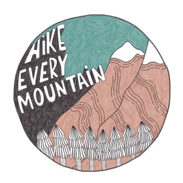 Illustration with mountains, trees, and the text 'Hike Every Mountain'.