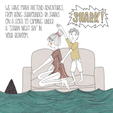 Kids pretend play with sharks on a sofa under a starry night sky.