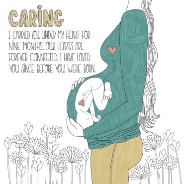 Illustration of a pregnant woman holding a baby with a heartfelt message.