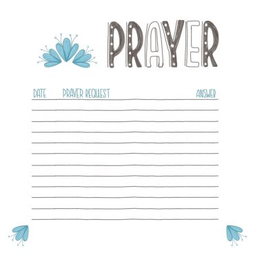 Printable prayer request sheet with decorative blue flowers.