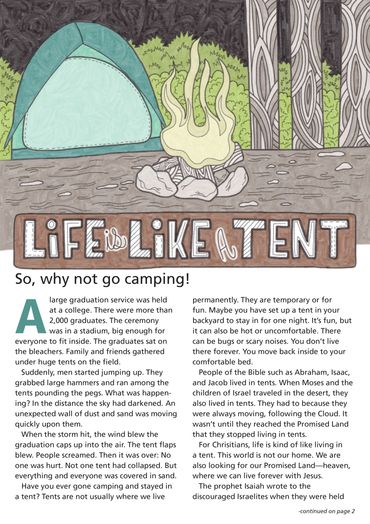 Illustration of camping with a tent, fire, and trees.