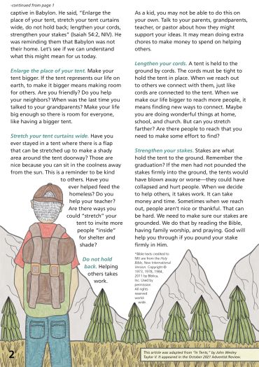 A page from a story about extending a tent and helping others.
