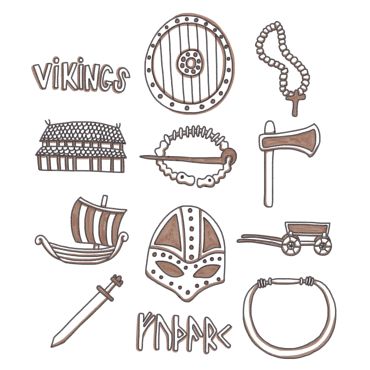Illustration of Viking-themed objects and symbols.