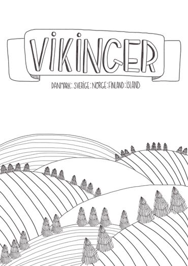 Black and white Viking-themed landscape drawing.