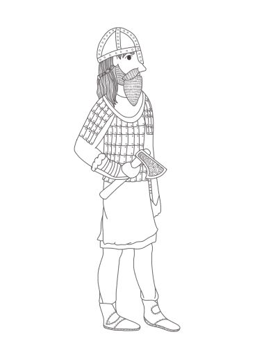 Line drawing of a Viking warrior holding an axe.