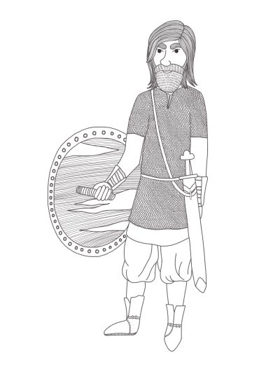 Black and white drawing of a medieval warrior with shield and sword.