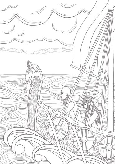 Two people on a Viking ship facing rough seas.