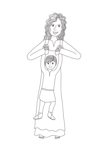 A mother holding her child by the hands, smiling.