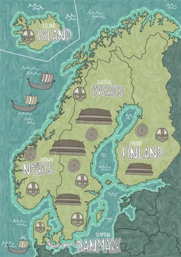 Illustrated map of Scandinavia with Viking motifs.