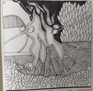 Black and white abstract drawing with flames and geometric patterns.