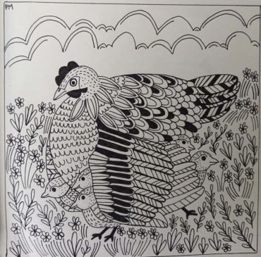 Black and white drawing of a hen with chicks in a flower field.