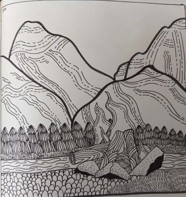 Black and white line drawing of mountains and a campfire.
