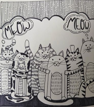 Black and white cartoon cats saying meow.