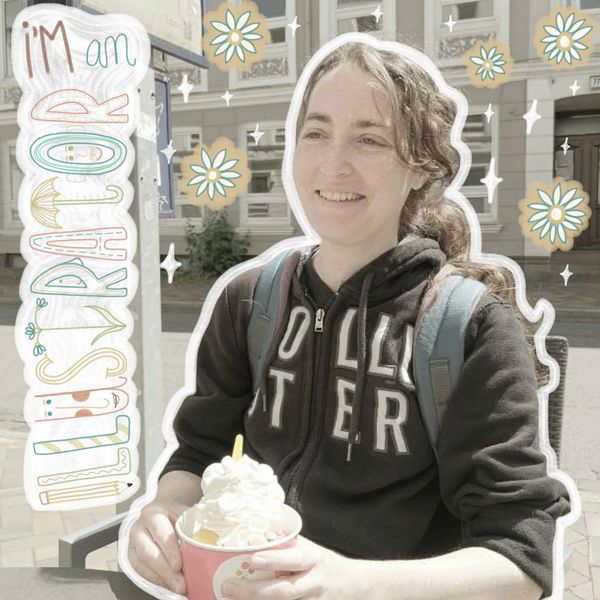 Smiling woman enjoying dessert outdoors.