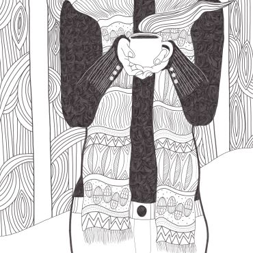 Person holding a steaming cup in a patterned scarf and sweater.