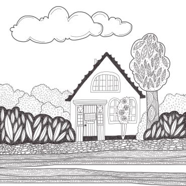 Black and white drawing of a house with detailed trees and clouds.
