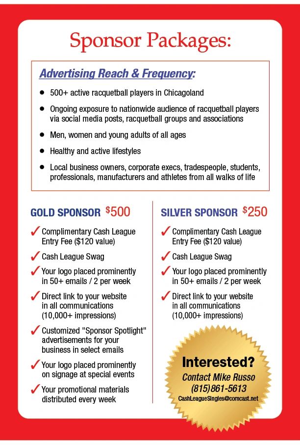 Sponsor packages for Cash League with Gold and Silver options.