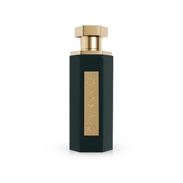 Elegant black and gold perfume bottle with a hexagonal shape.