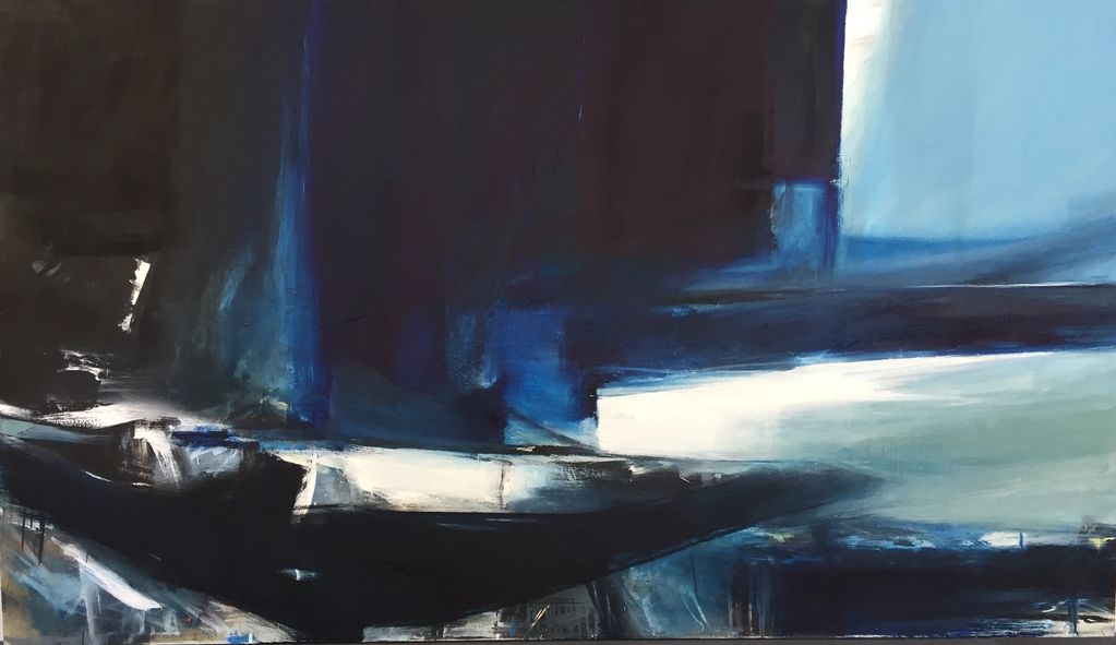blue black and  white horizontal painting