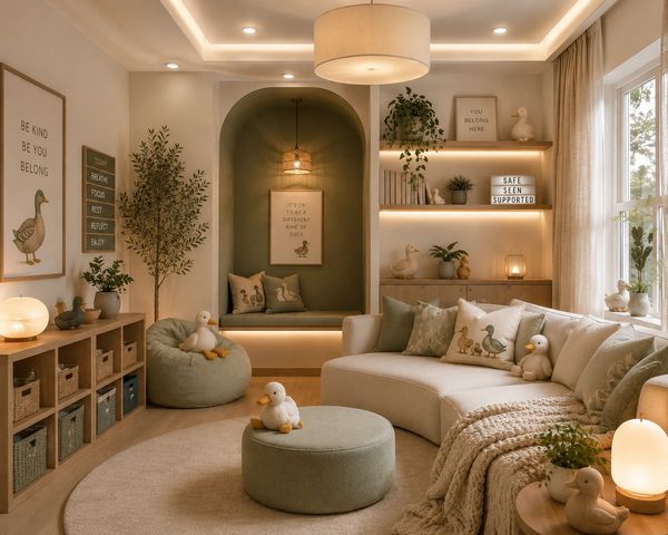 Cozy living room with duck-themed decor and warm lighting.