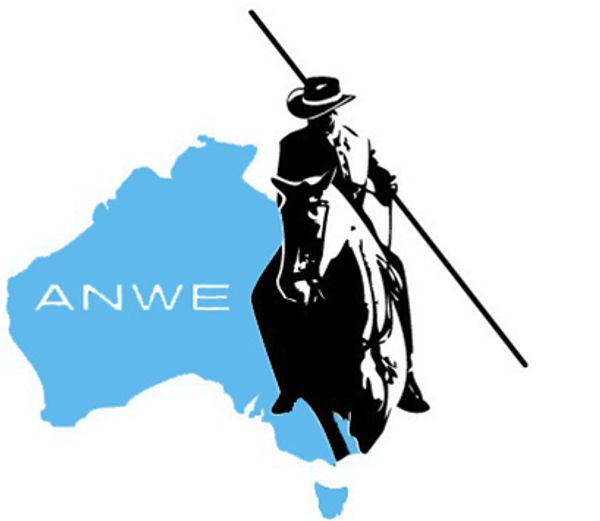Silhouette of a mounted rider with a lance over Australia map labeled 'ANWE'.