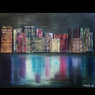 A painting view with pond and Buildings
