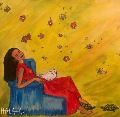 Painting with women sit on the sofa