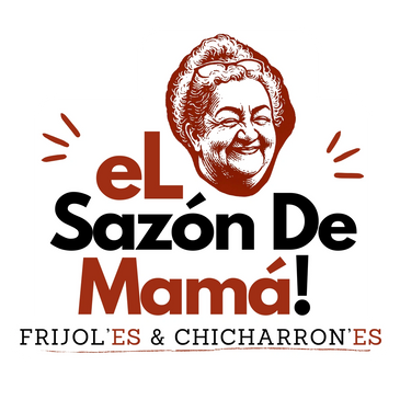 Logo of El Sazón De Mamá with a smiling elderly woman's face and text about beans and pork rinds.