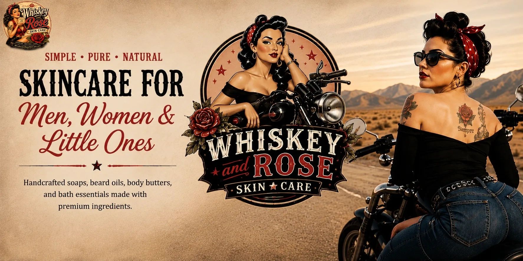 Whiskey and Rose skincare ad featuring a tattooed woman on a motorcycle.