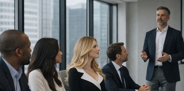 Business meeting with a man presenting to attentive colleagues in a modern office.