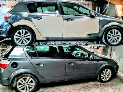Two photos of the same car showing before and after repairs.