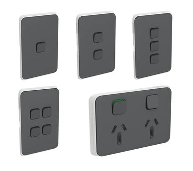 Various gray wall switches with different button counts.