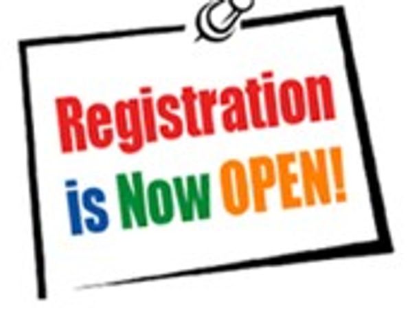 Colorful sign indicating registration is now open.