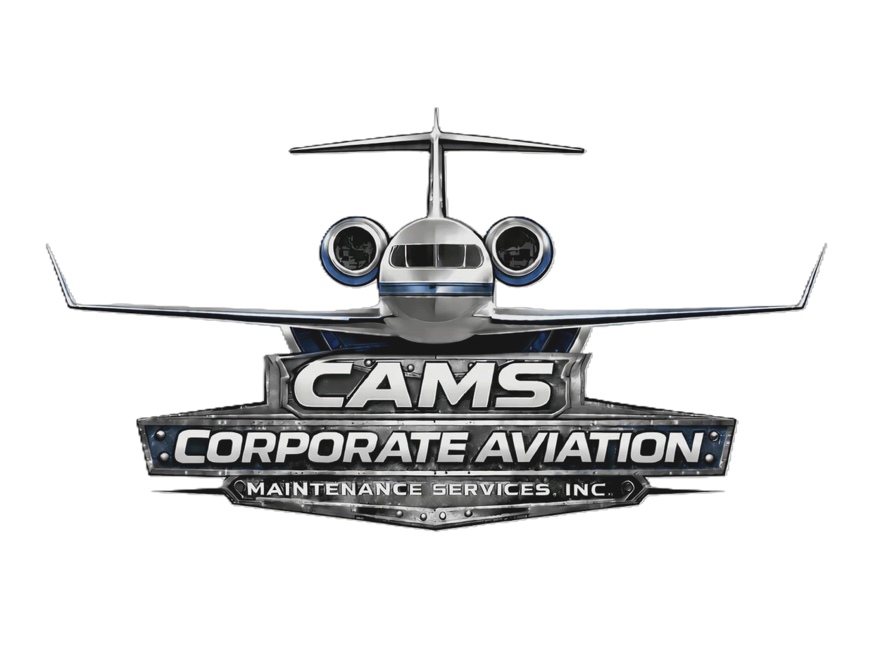 Logo of CAMS Corporate Aviation Maintenance Services featuring a jet aircraft.