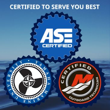 Three certification logos over a water background.