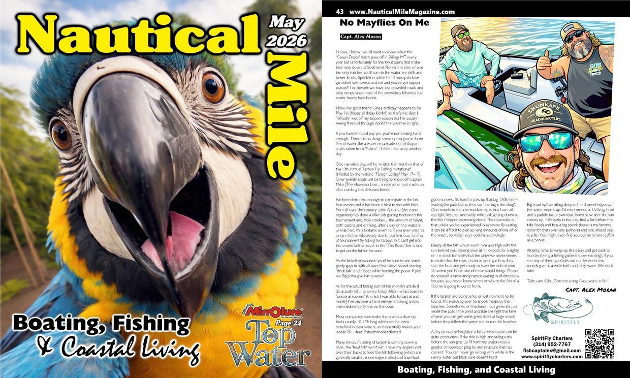 Cover of Nautical Mile magazine May 2026 featuring a close-up of a macaw and an article about fishing.