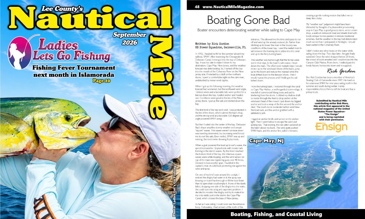 Magazine cover and article on boating challenges in Cape May, NJ.