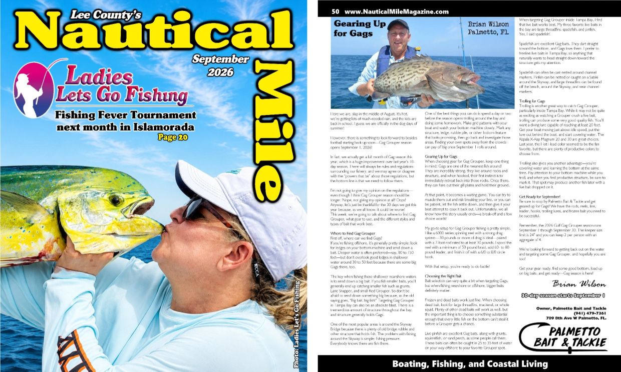 Man kissing a yellow fish on the cover of Lee County's Nautical Magazine.