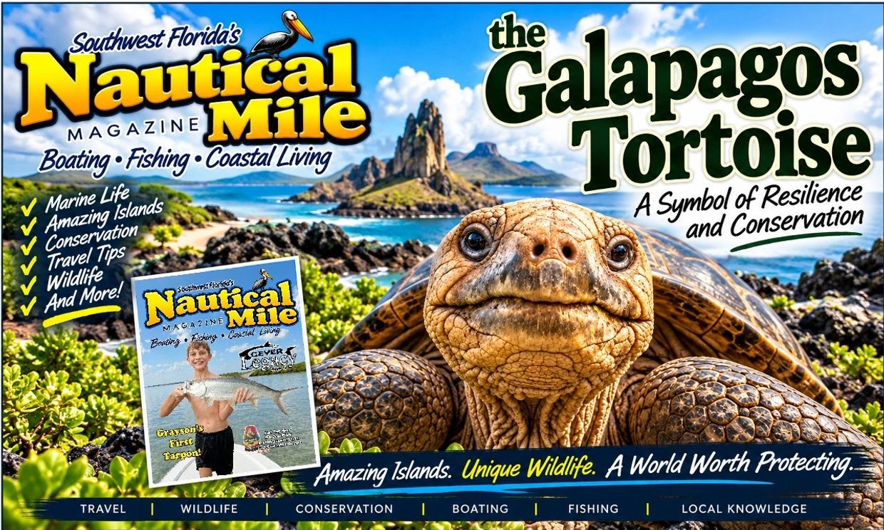 Magazine cover featuring a Galapagos tortoise and island scenery.