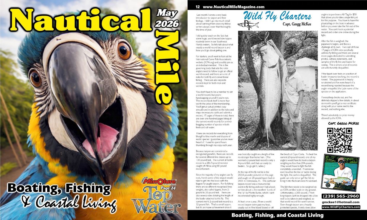 Magazine cover featuring a close-up of a colorful parrot and fishing article inside.