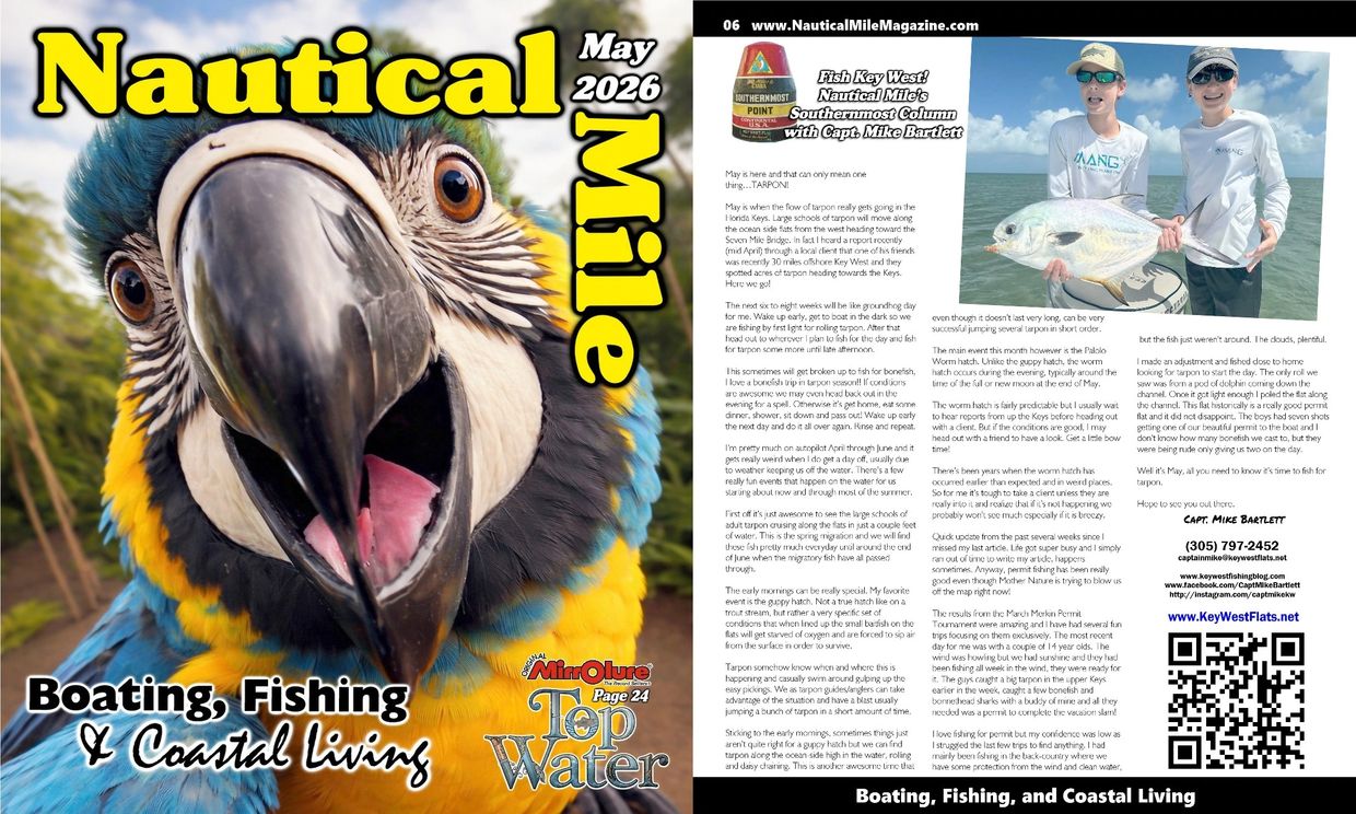 Cover and article page of Nautical Mile magazine featuring a vibrant parrot and fishing story.