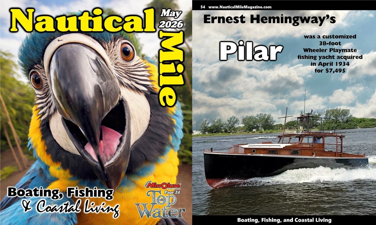 Close-up of a vibrant parrot on the cover of Nautical Mile magazine.