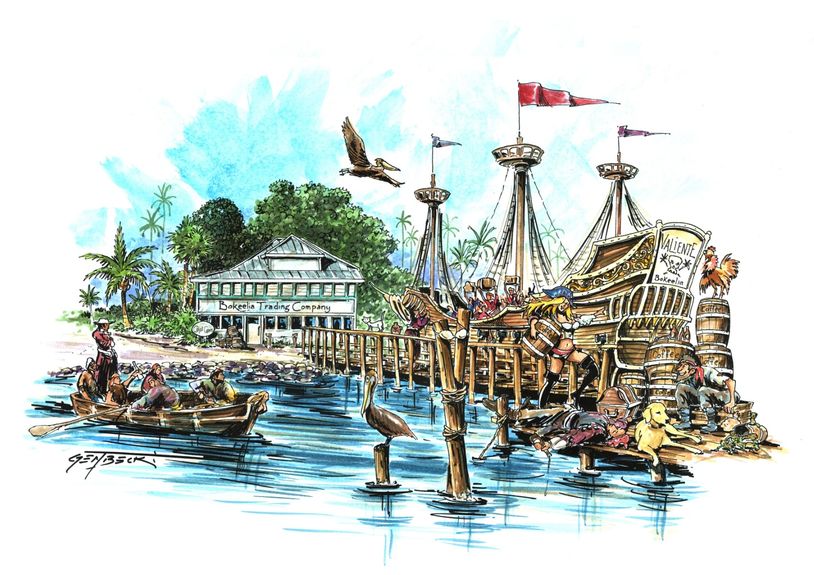 Illustration of a busy wooden dock with a ship and fishing boats.