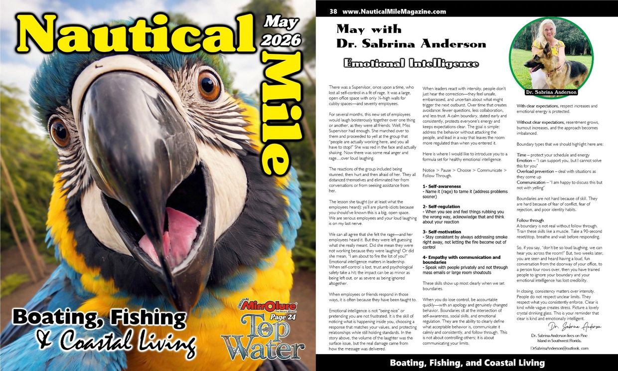 Close-up of a colorful parrot on the cover of Nautical Mile magazine, May 2026 issue.