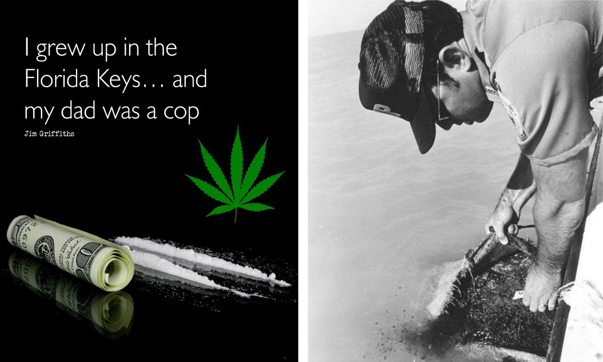 Quote about Florida Keys and drug-related imagery; man working on boat.