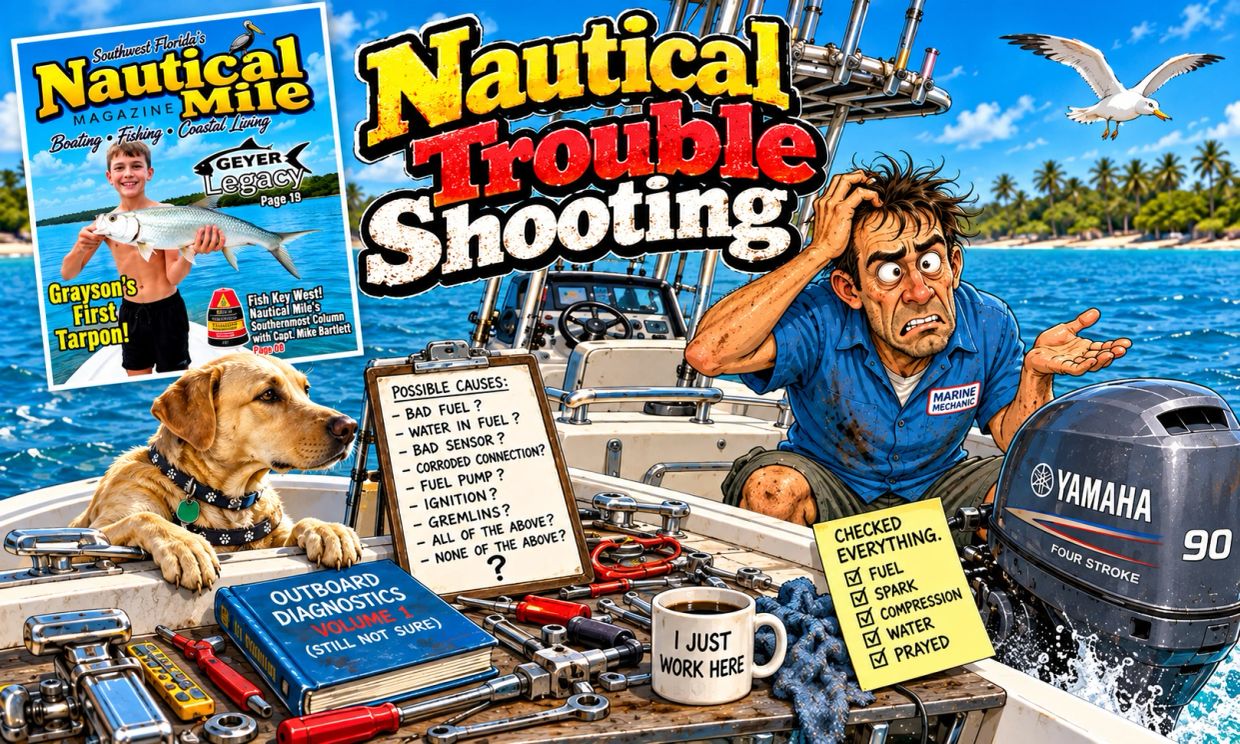 Cartoon of a frustrated marine mechanic with tools and a dog on a boat.