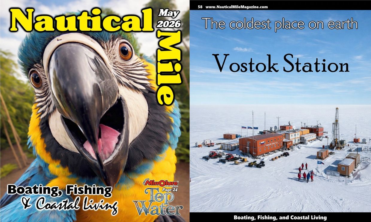 Magazine covers featuring a close-up parrot and Vostok Station in Antarctica.