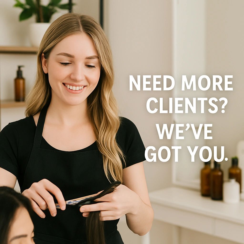 Salon Suite Owner and Beauty pro cutting hair with Need More Clients?  We've Got You. 