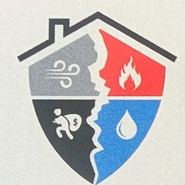 Photo of logo that appears like a shield with a roof and 4 quarters of icons representing wind, fire