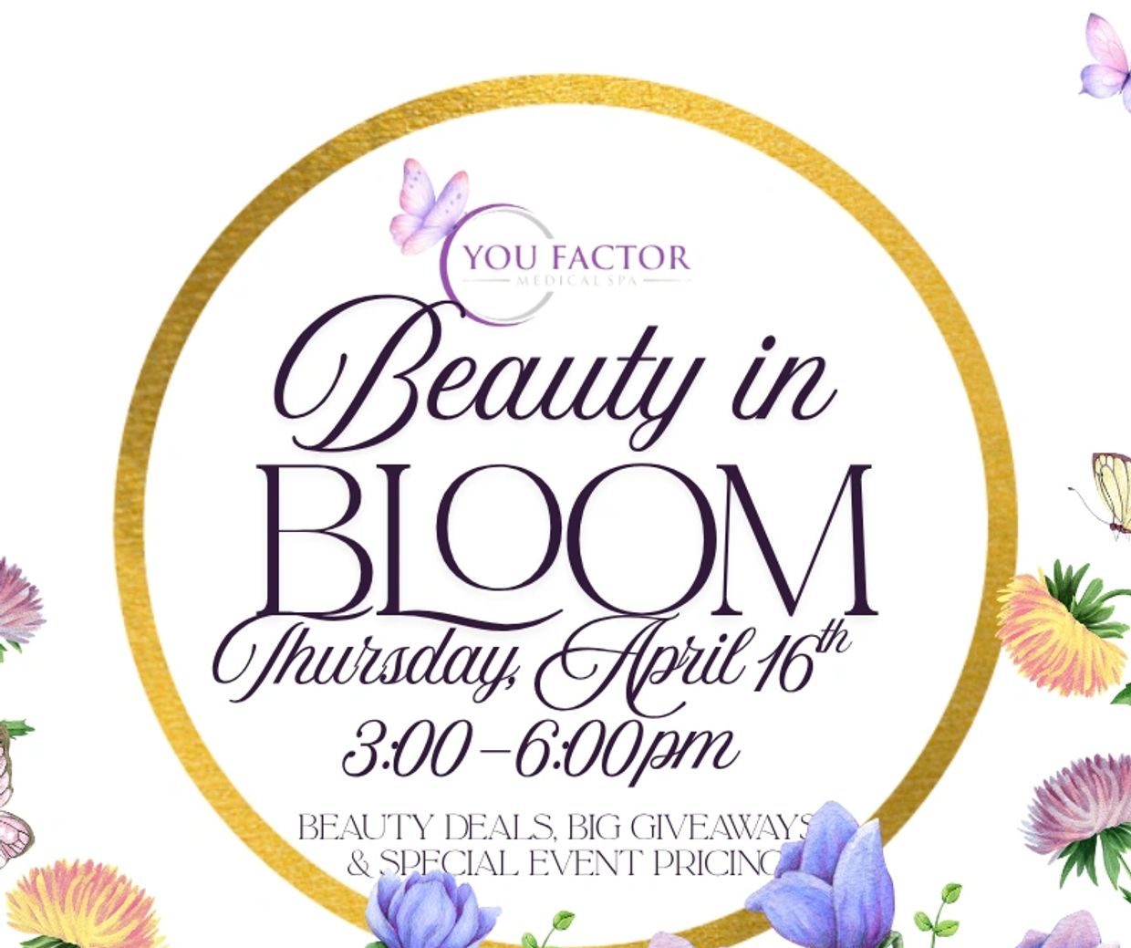 Beauty in Bloom event on April 16 from 3-6pm with deals and giveaways.